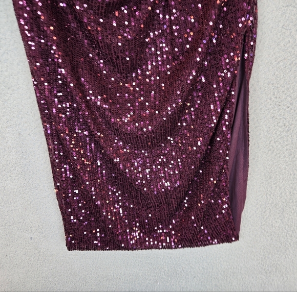 Wildfox Party Midi Maxi Skirt Sz M Purple Sequins Stretch Waist Ruch Front Slit - Picture 4 of 14